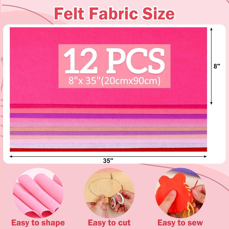 MITINU 12 Rolls 8"x35"(20.5x90cm) 1.4mm Thick Soft Felt Fabric Sheet 12 Assorted Pink Series Colors Felt Pack for DIY Craft Sewing Squares Nonwoven Patchwork - Image 2